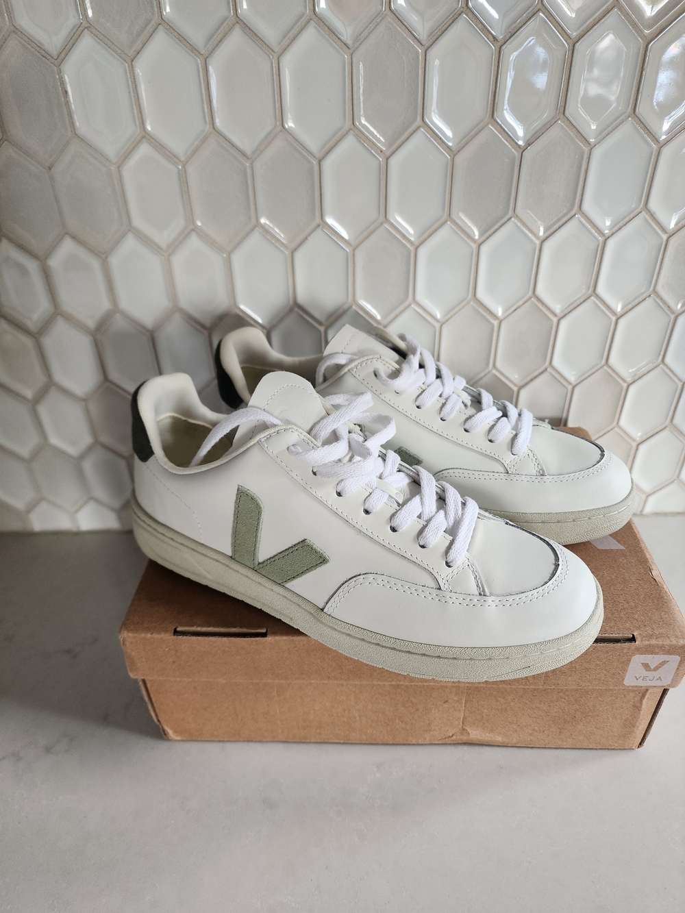 Veja White Sneakers with Sage Green V Accent
